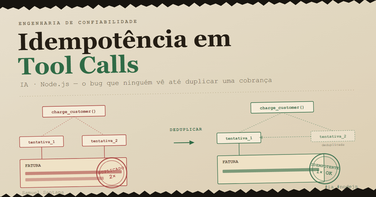 Diagrama: duas tentativas de charge_customer cobram a mesma fatura duas vezes; com deduplicação por chave de idempotência, a segunda tentativa é descartada e a fatura é cobrada uma vez.